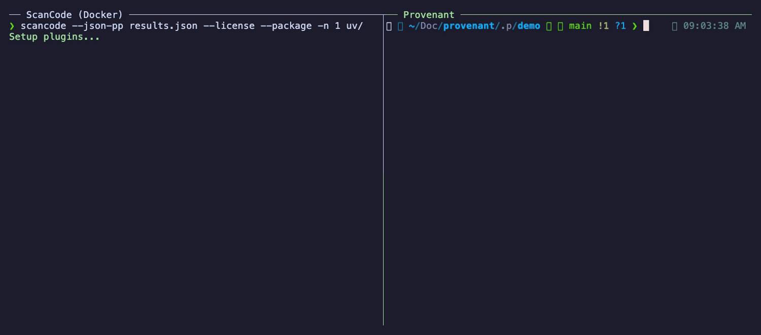 Provenant and ScanCode scanning the astral-sh/uv repository side by side; Provenant finishes many times sooner.
